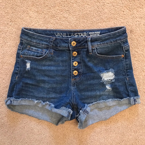 Vanilla Star High Waist Distressed Denim Shorts Womens Size 5 Button Fly Blue - Picture 1 of 11